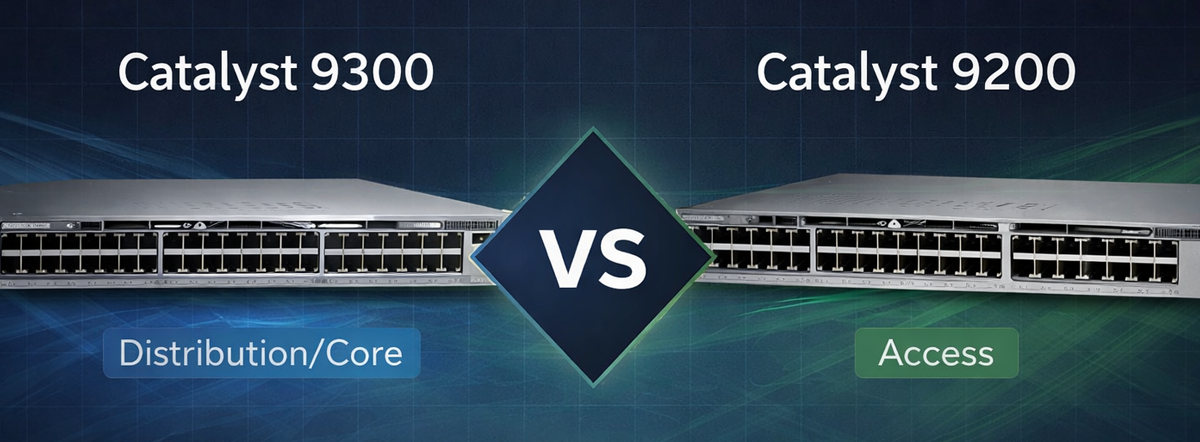 Cisco Catalyst 9300 vs 9200 comparison infographic showing differences between distribution core and access switches