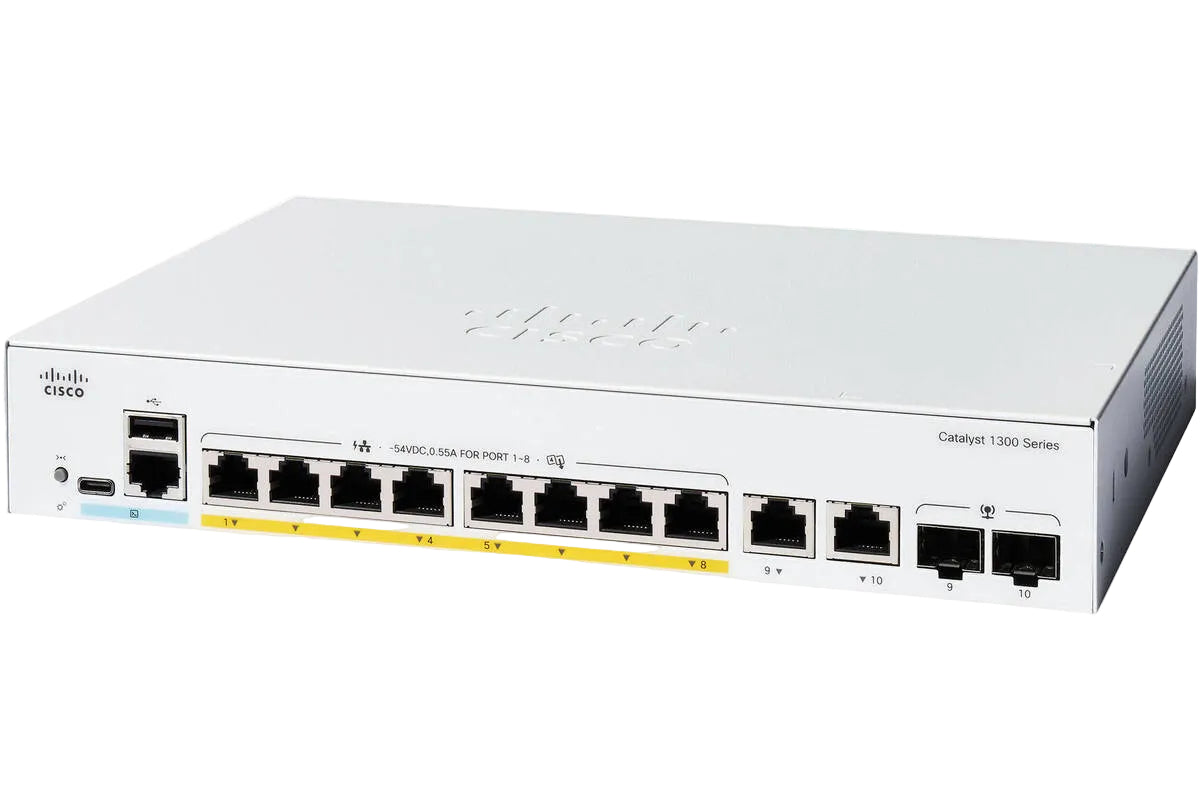 Cisco C1300-8MGP-2X Catalyst 1300 8x mGig PoE+ 120W 4x2.5G 4x1G 2x 10G SFP+ Fanless L3 Switch