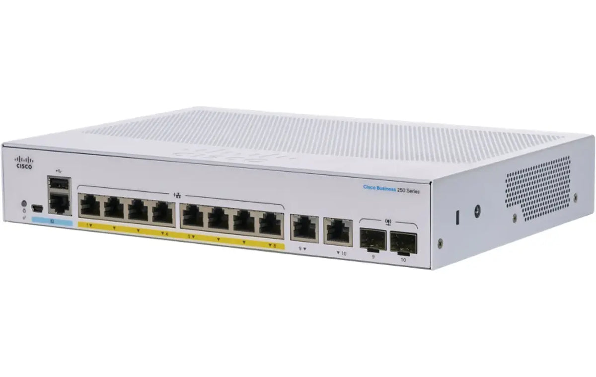 Cisco CBS250-8FP-E-2G Business 250 8x GbE PoE+ 120W 2x Combo SFP 20 Gbps Fanless L3 Switch