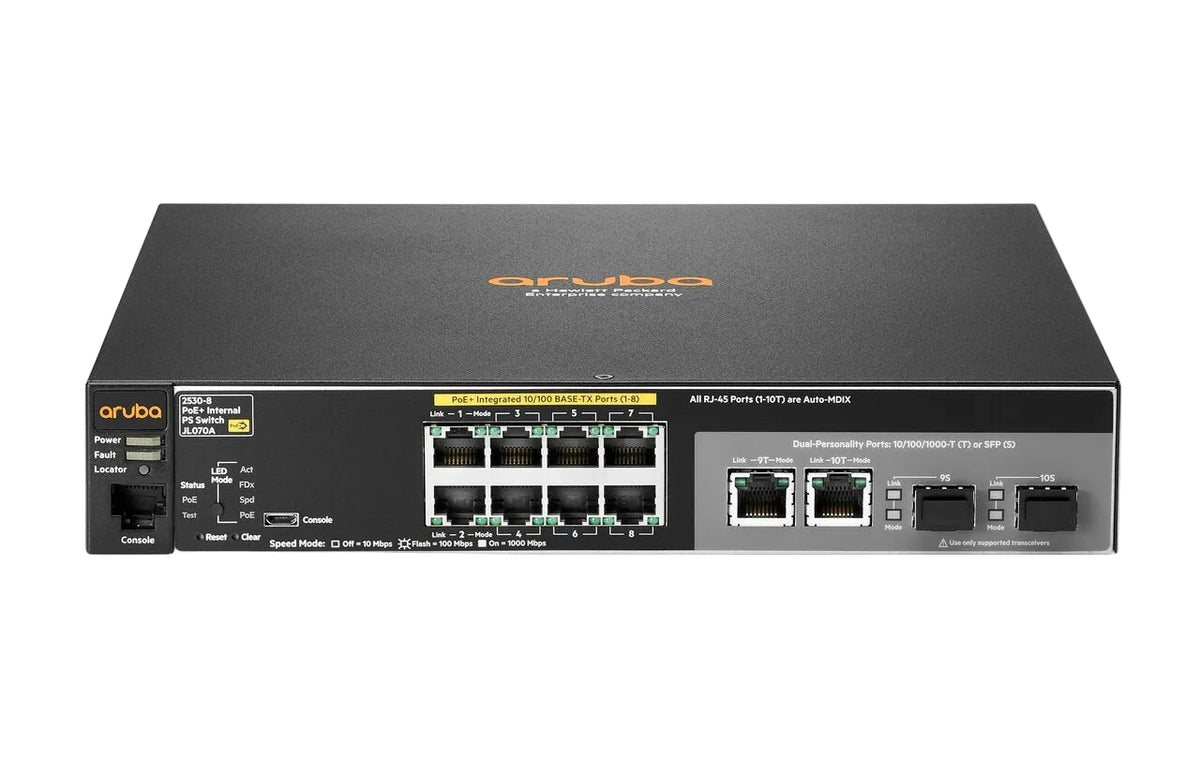 HPE Aruba JL070A 2530 8 Port 10/100 PoE+ 67W Managed Layer 2 Gigabit SFP Network Switch - New