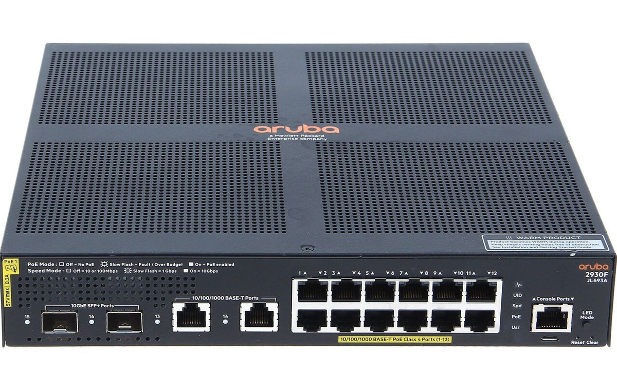HPE Aruba JL693A 2930F 12-Port GbE PoE+ 139W 2x 10G SFP+ Half-Width Layer 3 Switch